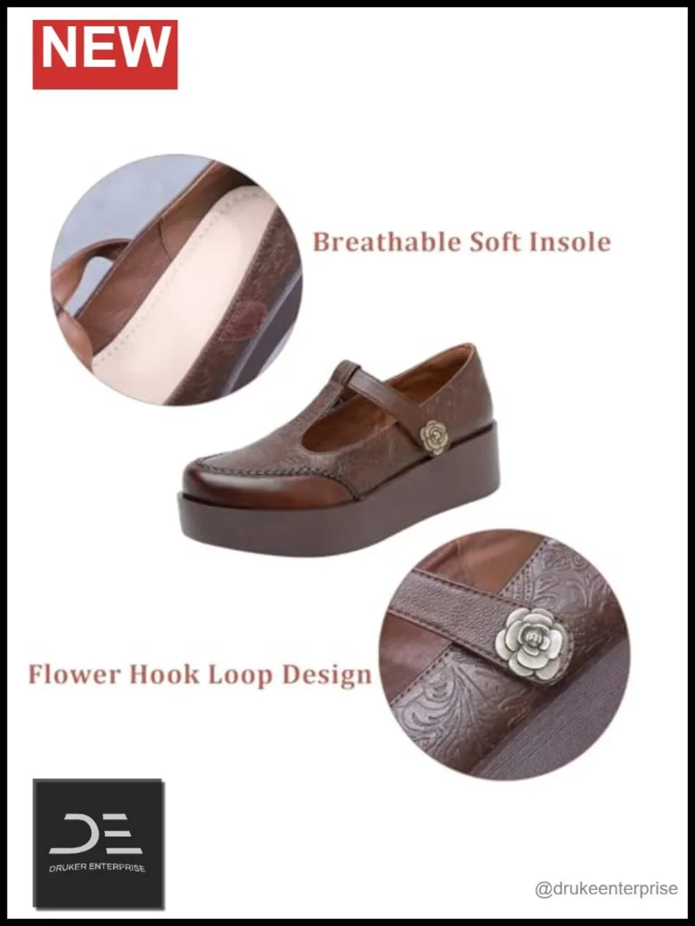 Genuine Leather T-Strap Platform Mary Jane Wedge Pumps Adjustable Hook and Loop